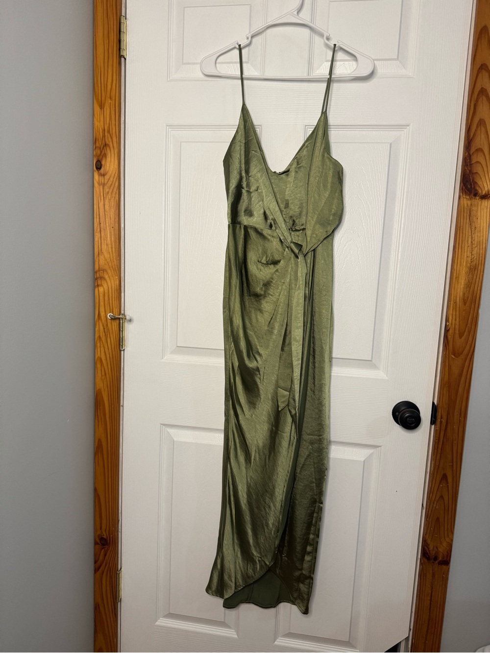 Olive Green Satin Slip Maxi Dress with Wrap Detail